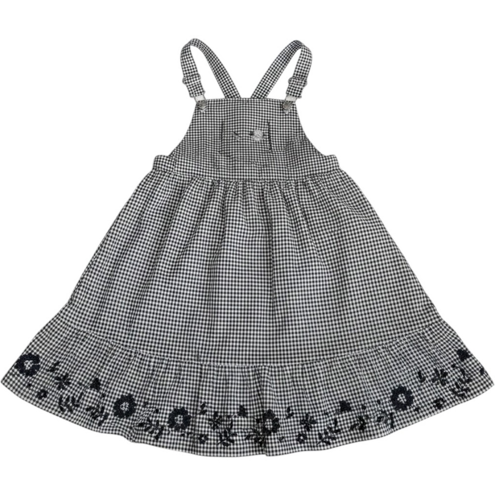 Sergent Major Gingham Pinafore Dress Floral Embroidery Black White Kids 6Y 116cm